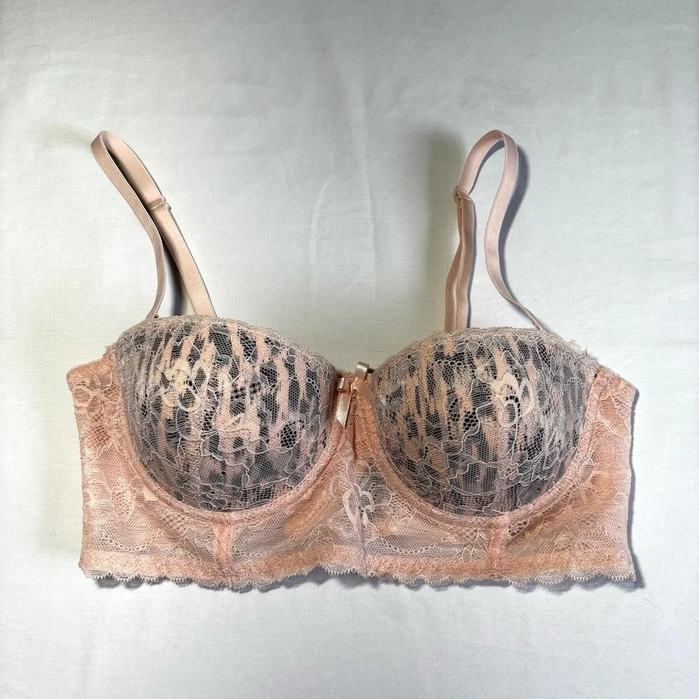 René Rofé Pink Lace Balconette Bra 36B Corset-Style Wide Band Animal Print NWOT